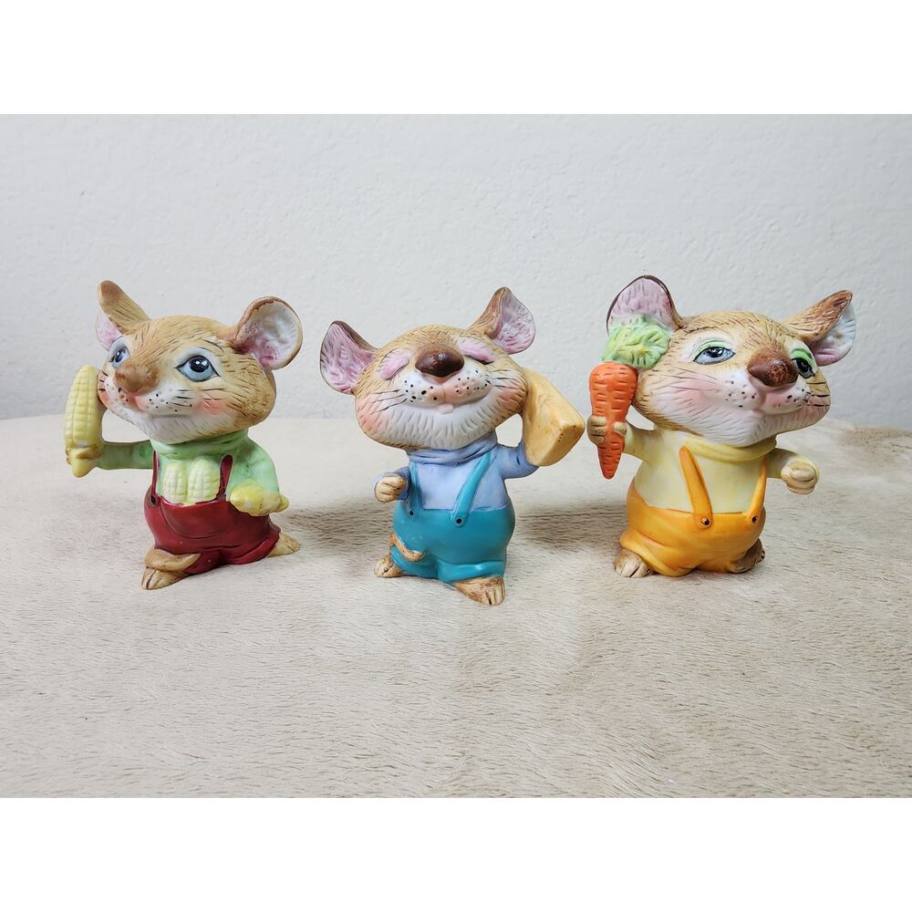 Homco Harvest Mice in Overalls Corn Carrot Cheese Figurines Ceramic 3 1/2" Vtg